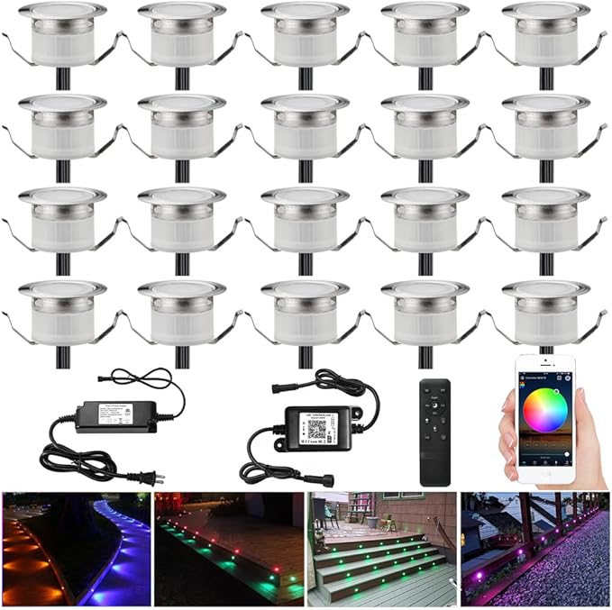 LED Deck Lights Kit, 20pcs Φ1.22 WiFi Wireless Smart Phone Control Low Voltage Recessed RGB Deck Stair Lights Waterproof Outdoor Step Yard Path Landscape Decor, Fit for Alexa, Google Home