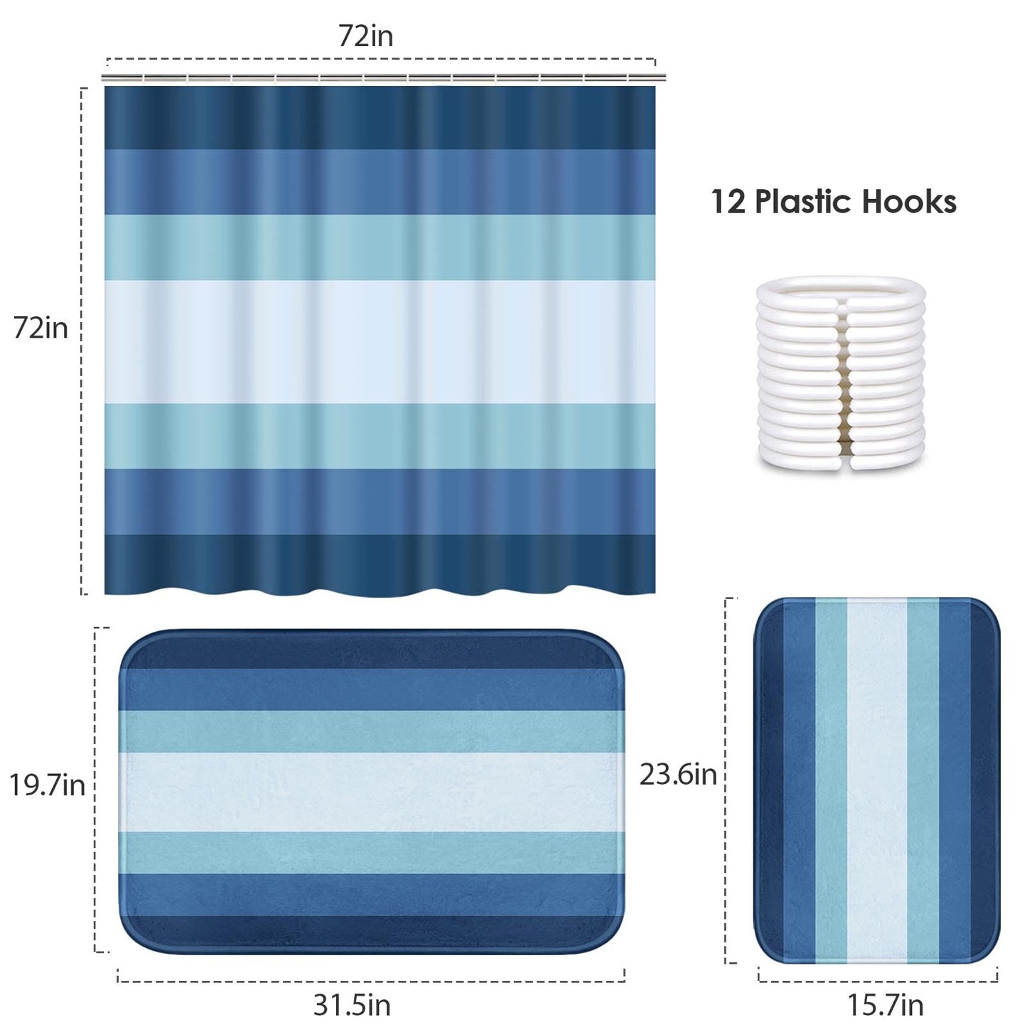 ArtSocket Navy Blue Ombre Bathroom Set with Shower Curtain and Bath Rugs and Accessories,Modern Striped Lines Non-Slip Shower Curtain Set,Bathroom Decor 3 Pcs