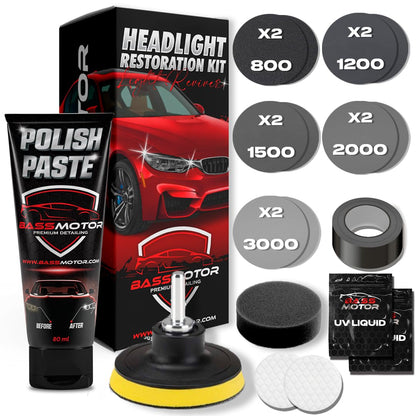 BassMotor Complete Kit for Polishing Dull and Worn Headlights for Car Restoration - Set for Cleaning and Sanding for ITV and Improved Visibility and Safety, Carbon Alumina