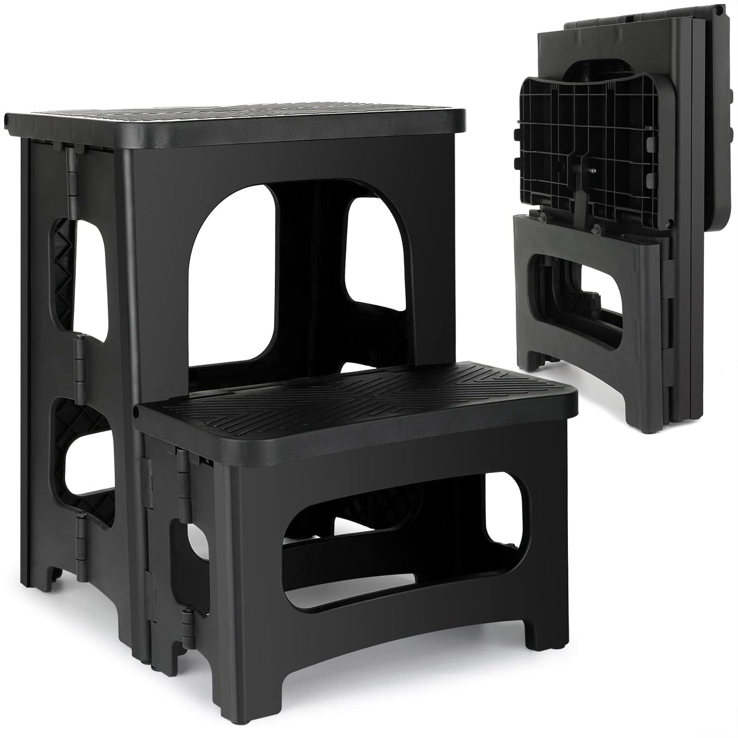 AMOISE Amoise Folding 2-Step Stool, Non-Slip Portable Footstool 8'' & 17'' Dual Heights, Holds 300 lbs, Portable Footstool for Kitchen Home Toilet Bedroom Office Bathroom RV(Black)