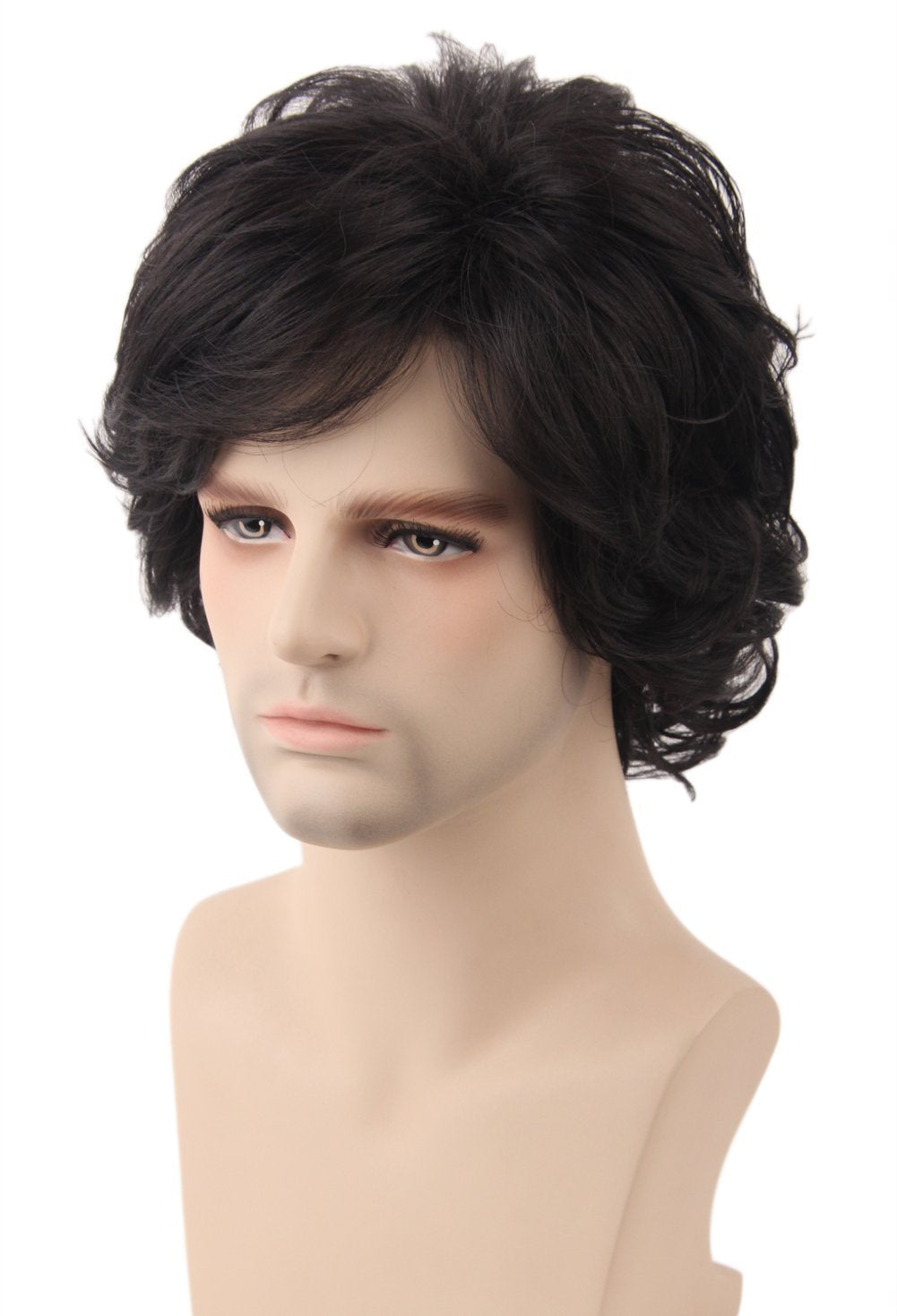 Topcosplay Men's Wigs Black Short Wavy Shaggy Style Layered Cosplay Halloween Costumes Male 70s Disco Hippie Wig