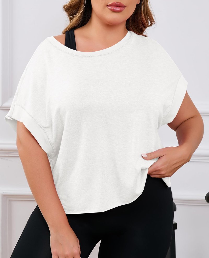 Fisoew Womens Plus Size Open Back Workout Tops Backless Short Sleeve Athletic Shirt Running Crop Top Gym Yoga T-Shirt White