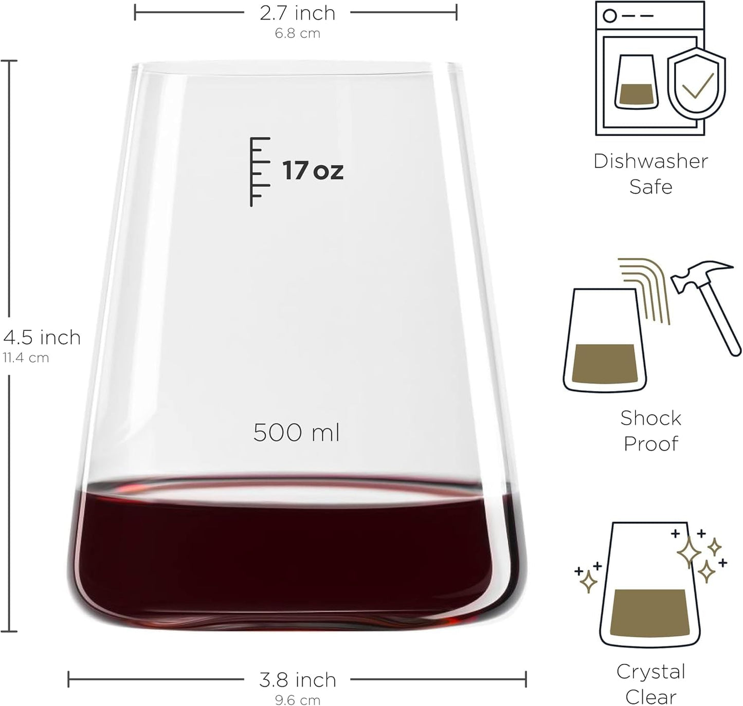 BENETI Drinking Glasses set of 6 | Premium 17oz Highball Glass Cups For Water, Juice, Cocktail, and Wine, Modern and Durable Crystal Glasses