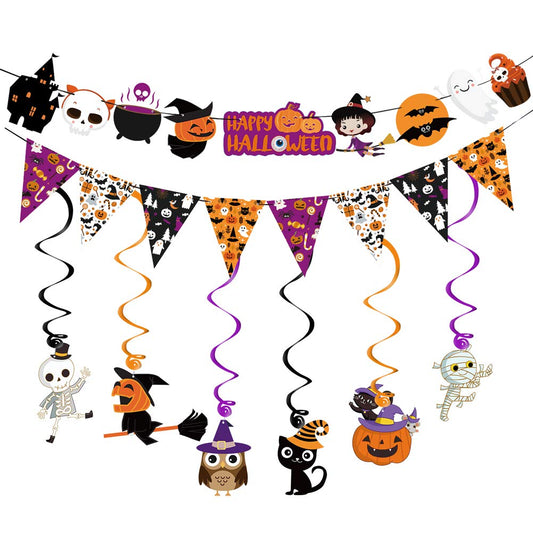 2025 Halloween Banner Party Decoration（Pre-Assembled） Cute Halloween Garland Bunting Banner Triangle Flag with Foil Swirl Ceiling Hanging Cards, Pumpkin Ghost Witches Bat Spider Skull Sticker