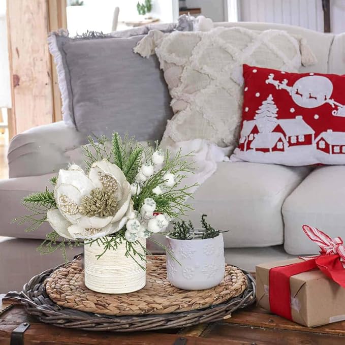 9 inch White Christmas Table Centerpiece 5" Glitter Magnolia Flower and White Berries Fir Greenery Artificial Christmas Floral Centerpiece Tabletop Christmas Table Arrangement Decor