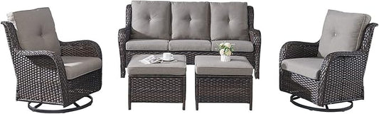 Rilyson Wicker Patio Furniture Set - 5 Piece Rattan Outdoor Sectional Conversation Sets with 2 Rocking Swivel Chairs,2 Ottomans and 1 Sofa for Porch Deck Garden(Brown/Grey)