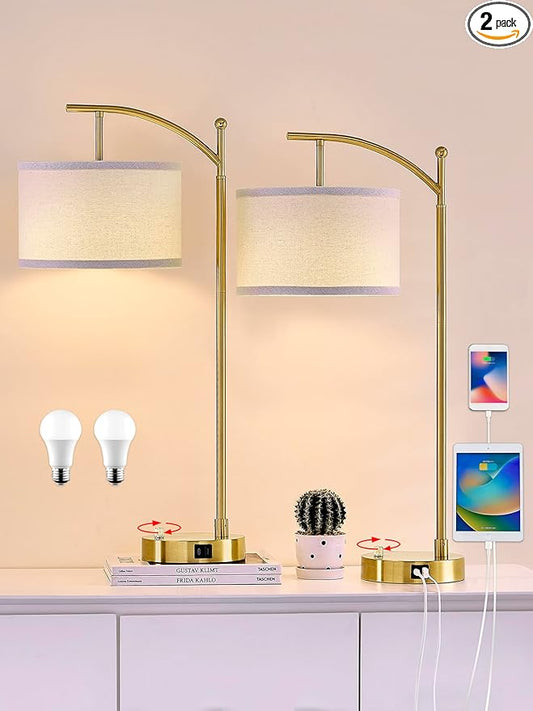 Table Lamp for Living Room Bedroom, 23.5" Table Lamps Set of 2 with USB C+A Ports, Bedside Lamps for Nightstand with Linen Lamp Shades, 2 Dimmable LED Bulbs Included, Gold