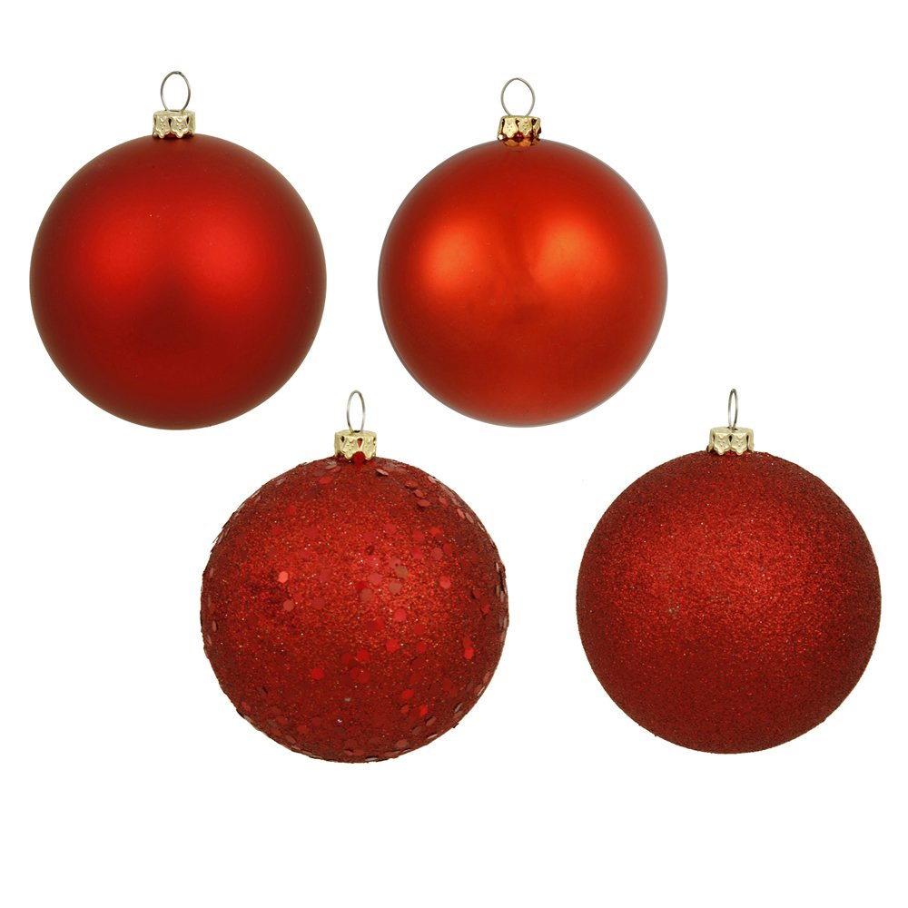 Vickerman 6" Red 4-Finish Ball Christmas Ornament Set - Shatterproof Plastic - 4 Ornaments per Box - Ready to Hang - Seasonal Holiday Decorations- Variety Pack