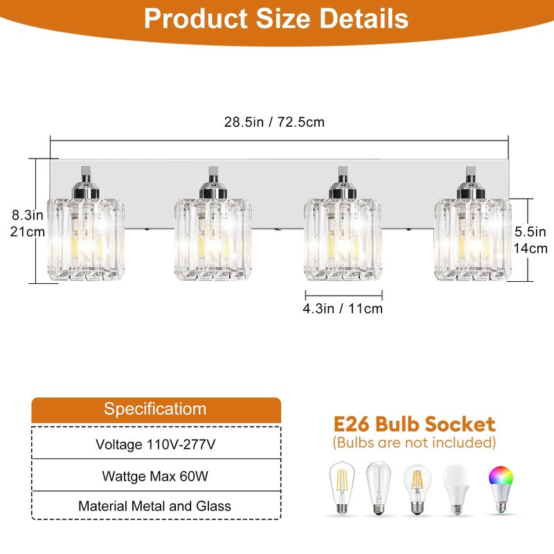 LKHF Brushed Chrome Crystal Bathroom Vanity Light, 4-Light Modern Bathroom Lighting Fixtures Over Mirror,Chrome Wall Sconce Light Fixtures with Square Shade