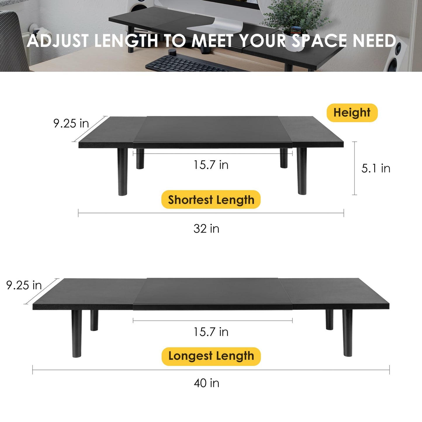 Across-Star Dual-Monitor-Stand-Riser-For-Desk Adjustable Length 32-40 Inch，Large Desktop Computer Monitor Riser For 2 Screens，Desk Shelf Organizer Riser Stand For Computer/Laptop/PC/Printer/TV Black