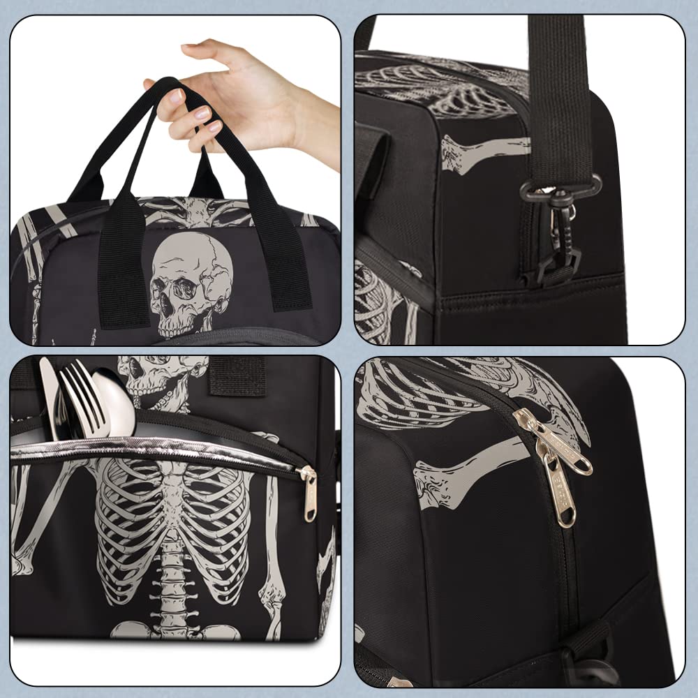 TropicalLife Reusable Lunch Bag for Women Men Goth Skull Pattern Insulated Lunch Box Durable Soft-sided Bag with Adjustable Shoulder Strap, Black