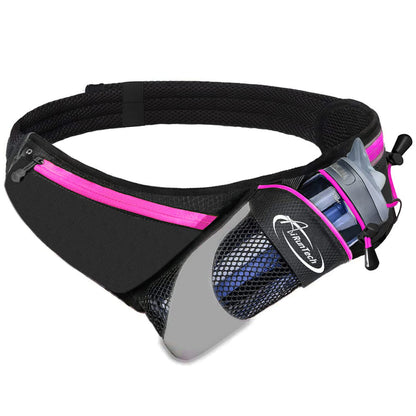 AiRunTech Upgraded No Bounce Hydration Belt Can be Cut to Size Design Strap for Any Hips for Men Women Running Belt with Water Bottle Holder with Large Pocket Fits Most Smartphones(Pink)