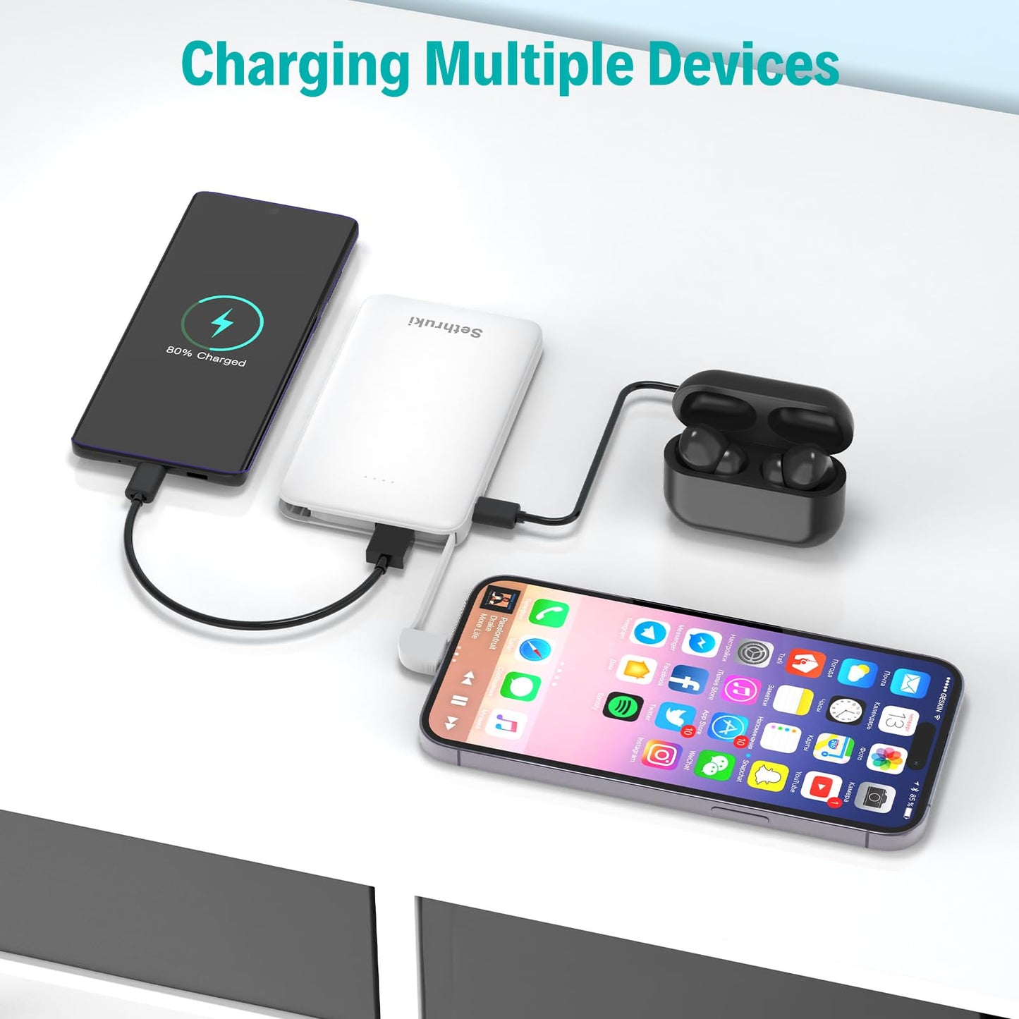 Slim Portable Charger with Built in USB C Cable,20W Fast Charging Power Bank,Small Mini Lightweight Phone Battery Pack 6000mAh,Ultra Thin Travel Essentials for iPhone 17 16 15 Series,Samsung,Android