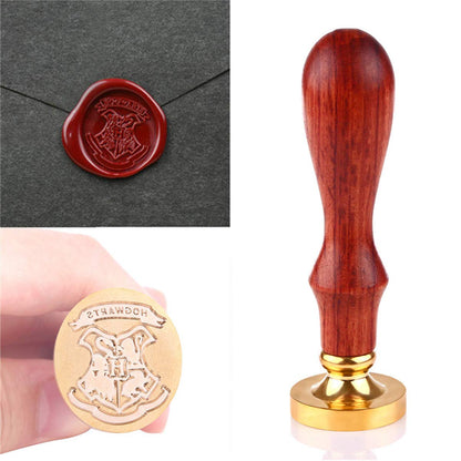 Hogwarts Seal Stamp Kit Gift for HP Fans - 1 Wooden Handle Seal + 3 Retro Waxes + 1 Spoon + 2 White Waxes (Brown)