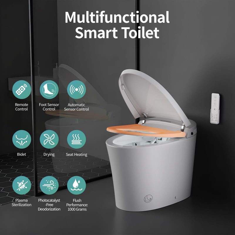 SR SUN RISE One Piece Smart Toilet with Bidet Built-in All in One Intelligent Electric Toilet with Adjustable Heated Seat,Drying,Powerful/Water-saving Flush,Deodorisation&Sterilisation for Bathroom