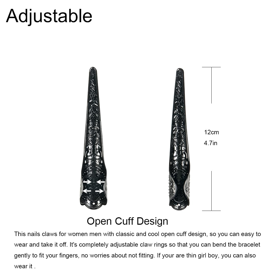 10 Pcs Long Finger Claws ,cuff design Adjustable Black Metal nail rings extension,Halloween articulated hands jewelry fingertip, Cool stuff scary vampire demon Cat Cosplay accessories women costume