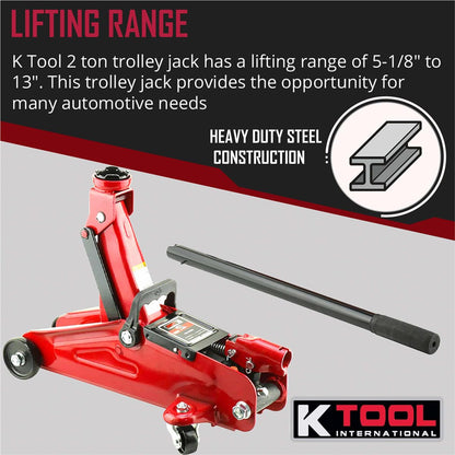 K Tool International 63103A 2 Ton Automotive Trolley Floor Jack for Garages, Repair Shops, and DIY, Portable, Compact, 4,000 lbs. Capacity, Hydraulic Lifting Range 5.125" - 13", Heavy Duty Steel, Red