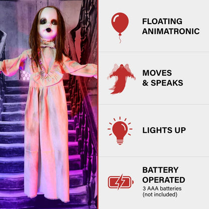 Haunted Hill Farm Floating, Talking Zombie Girl Animatronic with Blue Chest Light for Scary Free-Hanging Halloween Decoration,5 x 16 x 47