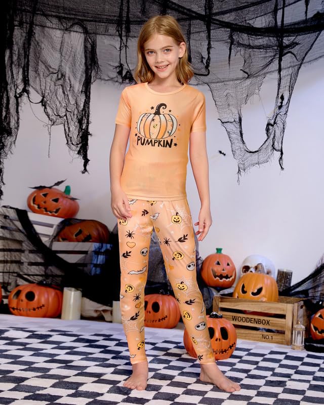 MyFav Halloween Girl Pajamas Set Cute PJS Short Sleeve Long Pants Sleepwear Crew Neck Kid PJS Night Clothes,Light Orange,10Y