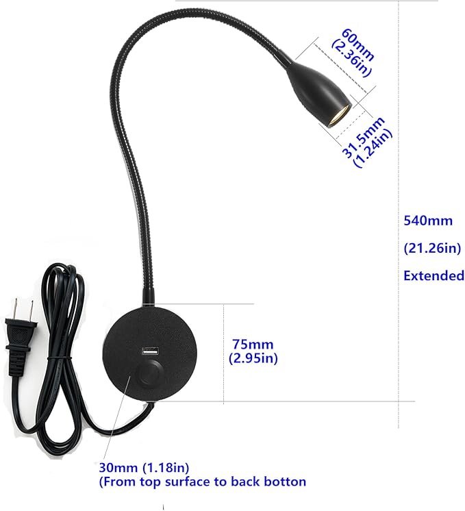Dimmable Reading Light Plug in Wall Mounted Bedside Headboard Reading Light Task Directional Gooseneck LED Light 3W Output (Black, 120V Plug in, Warm White)