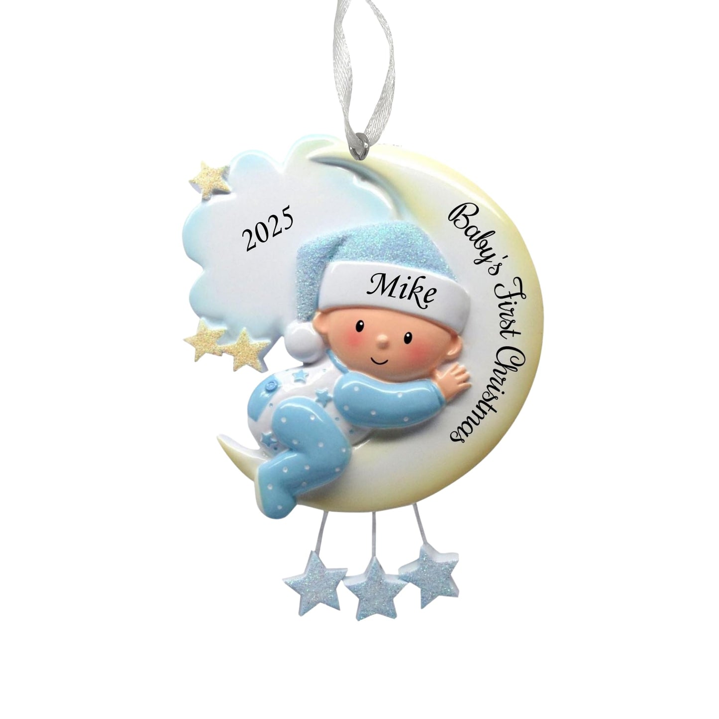 2025 Baby’s First Christmas Ornament – Baby Boy on Moon - Personalized Holiday Keepsake – Custom My 1st Christmas Ornament for Baby & Grandbaby – Engraved Gift for Newborn’s 1st Xmas
