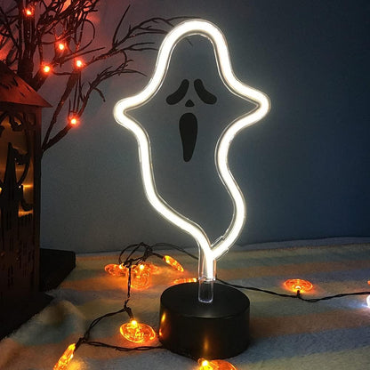 Halloween Ghost Neon Sign, Spooky White Ghost Novelty Light Table Decor, USB or Battery Powered Halloween Light for Bedroom, Kitchen, Party Decorations