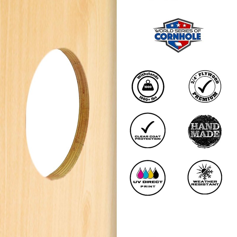 World Series of Cornhole Regulation Woodgrain Cornhole Set - 4'x2' Solid Wood Lightweight Outdoor Corn Hole Toss Game with 8 Bags and Carrying Case.