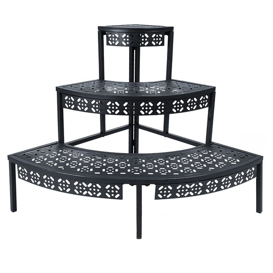 3 Tier Plant Stand Semi-Circular Flower Pot Organizer Rack Quarter Round Plant Display Holder Outdoor Storage Shelves Metal Corner Shelf Planter Shelving Ladder Plant Stand for Indoor Use(Black)