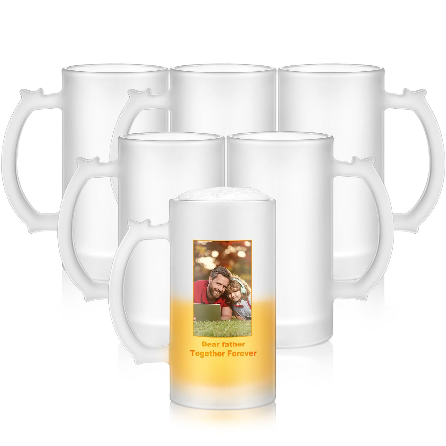 Mifoci 6 Pcs Sublimation Blank Beer Mugs Personalized Tazas Para Present 16 oz Frosted Beer Glass Cups Can Add Photo Text or Images on Gift for Husband Dad Men Christmas Wedding Oktoberfest