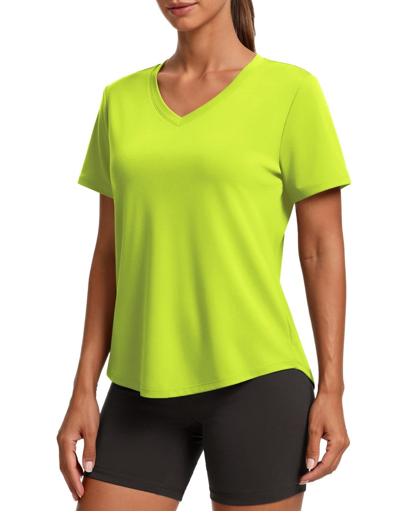 PINSPARK Tennis Shirts for Women Short Sleeve V Neck Moisture Wicking Workout Tops Quick Dry Athletic Gym Golf T-Shirts,Neon Green X-Large