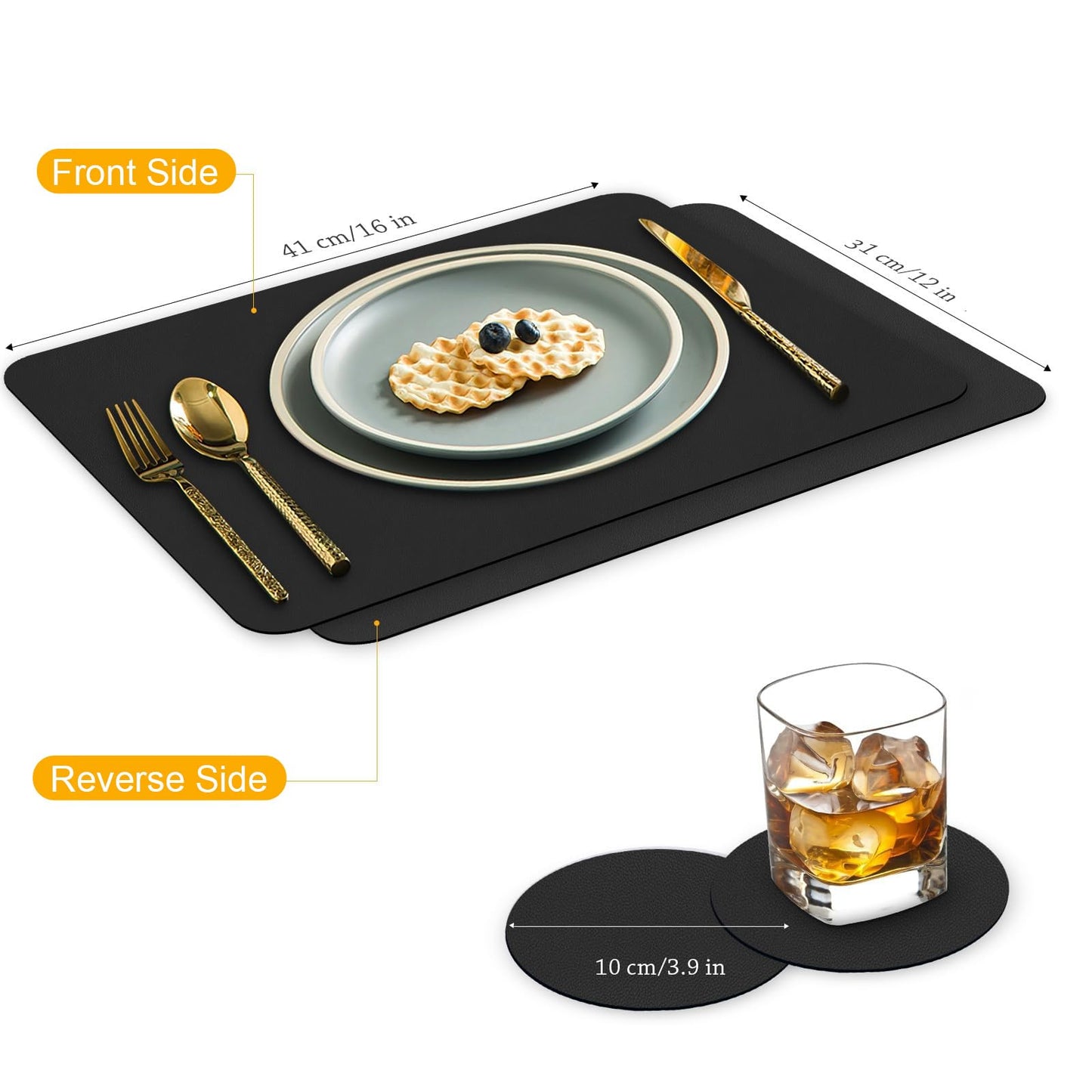 Bacgnyer Placemats Set of 6 Placemat with Coasters Heat Stain Scratch Resistant Non-Slip Waterproof Oil-Proof Washable Wipeable Outdoor Indoor for Dining Patio Table Kitchen Decor and Kids (Black 6)