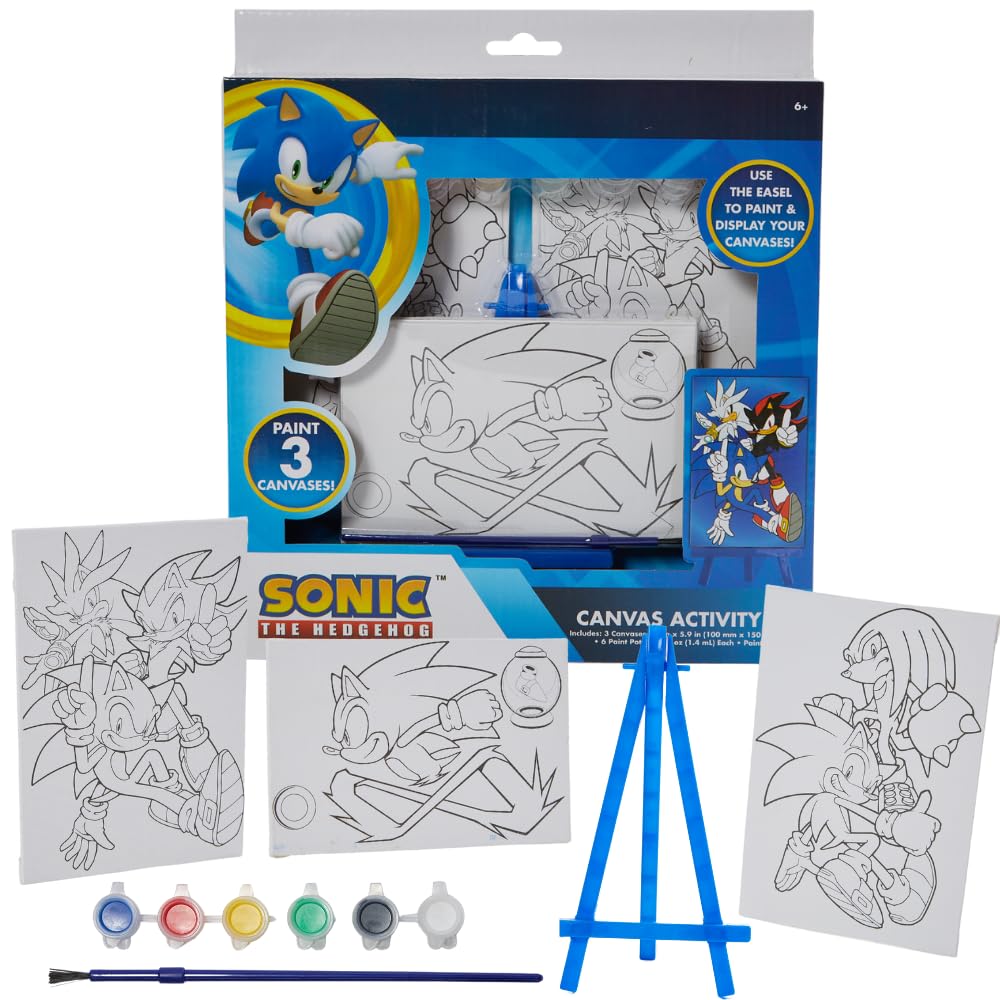 Innovative Designs Sonic The Hedgehog Canvas Paint Set for Kids with 3 Canvases, Acrylic Paint, Paintbrush, & Easel
