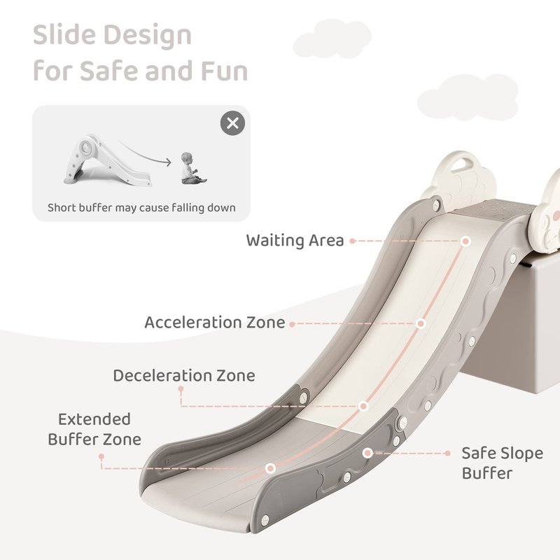 Indoor Kids Baby Couch Slide for Toddler 1-3, Sofa Slide Add-on Attachment for Bed Nugget Playgrounds, with Secure Base Guardrail, Gentle Slope Extended Buffer Zone, Fun Cute Cloud Design, White