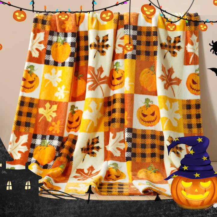 ROMROL Halloween Fleece Throw Blanket, Pumpkin, Leaves Fall Plaid Blanket, Soft Fuzzy Plush for Couch Sofa or Bed, Luxury Flannel Lap Blanket, for Kids, Adults, Wife, Self (50" x 60")