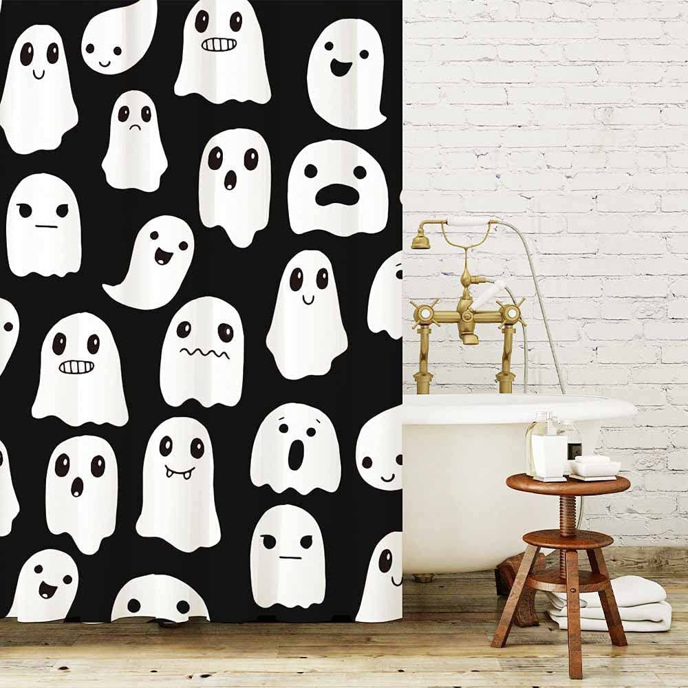 SHENGJUN 72x78 Inches Halloween Ghost Shower Curtain, Spooky Cute Funny Cartoon Ghosts Icons Black and White Fabric Kids Boy Trick or Treat Bathroom Shower Curtain with 12 Hooks