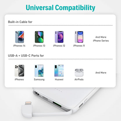 Slim Portable Charger with Built in USB C Cable,20W Fast Charging Power Bank,Small Mini Lightweight Phone Battery Pack 6000mAh,Ultra Thin Travel Essentials for iPhone 17 16 15 Series,Samsung,Android