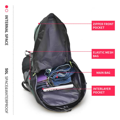 Bseash 50L Hiking Backpack, Water Resistant Lightweight Outdoor Sport Daypack Travel Bag for Camping Climbing Touring (Army Green - With Shoe Compartment)