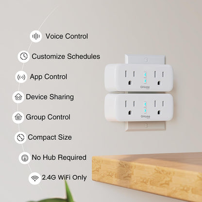 GHome Smart Plug, 15A WiFi Smart Outlet Compatible with Alexa & Google Home, Smart Surge Protector with Remote Control & Timer, Dual Sockets, No Hub Required, 2.4GHz WiFi Only, White, 2 Pack