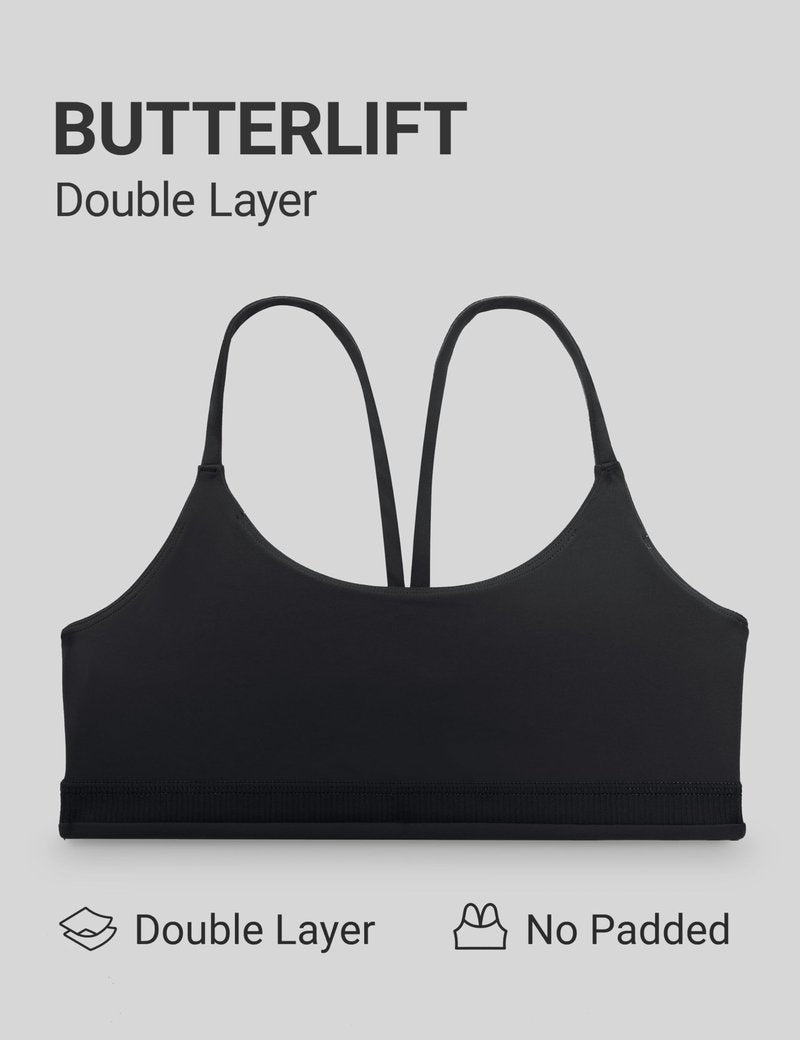 CRZ YOGA Butterlift Double Lined V Back Sports Bras for Women - Scoop Neck Spaghetti Strap Wireless Yoga Top Non Padded Black Small
