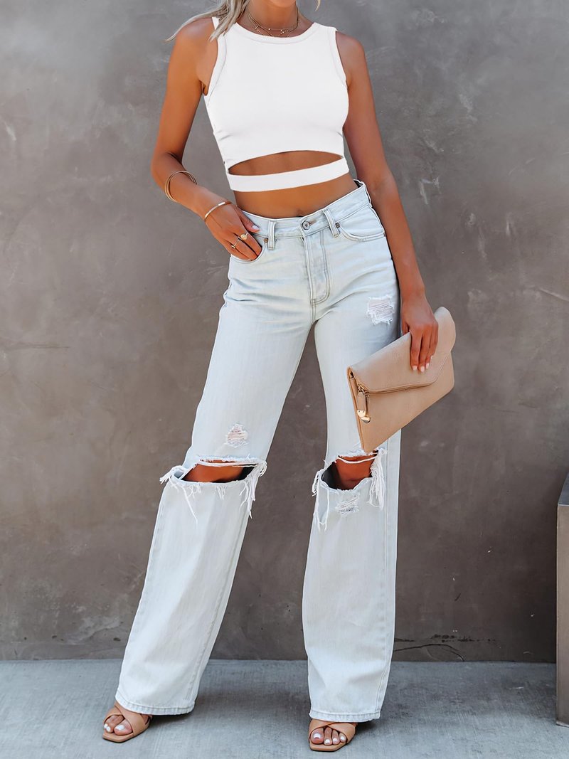 ANRABESS Women Tank Tops High Neck Sleeveless Sexy Cutout Racer Back Going Out Crop Tops Shirts Summer Y2K Outfits White Small