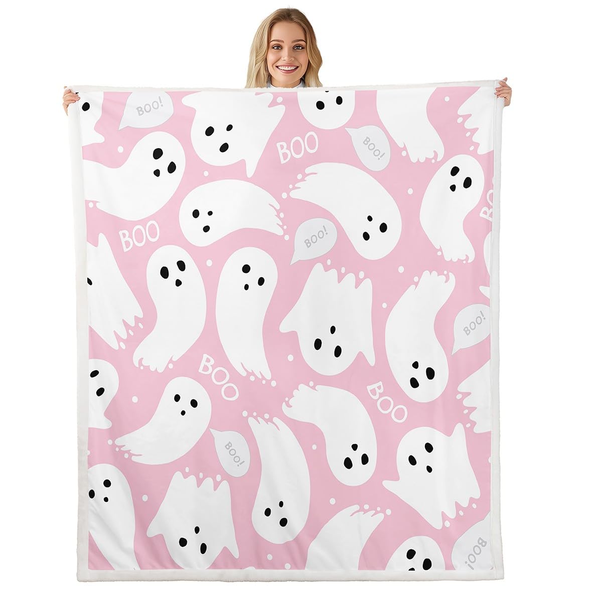 Pink Halloween Sherpa Blanket Throw 50"x60" Cartoon Pink Ghost Fleece Throw Blanket for Bed Sofa Couch Kids Kawaii Cute Plush Blanket Bedroom