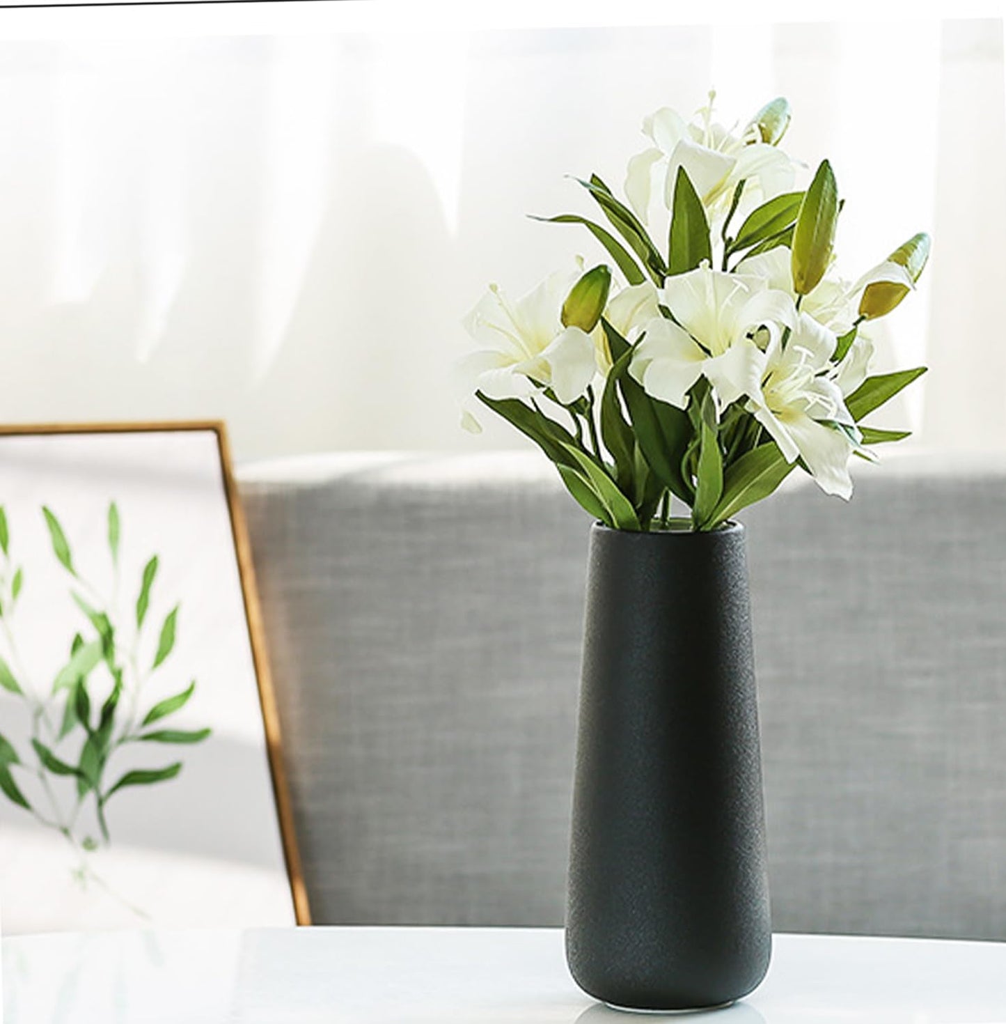 11 Inch Tall Matt Black Ceramic Vase for Flowers & Pampas Grass, Classic Rustic Style Decorative Vases for Home Decor Table Centerpieces