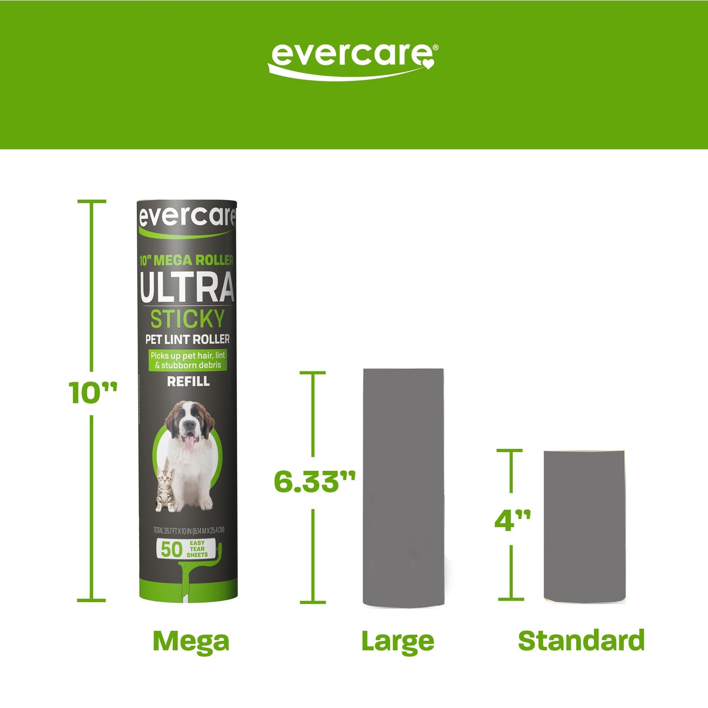 Evercare 10” Mega All-Purpose Pet Hair Lint Roller Refills, 3 Pack, 50 Sheets Each – Sticky Roller for Pet Hair, Cat & Dog Hair Remover, Lint Remover, Pet Hair Remover for Furniture, Clothing & Cars