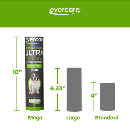 Evercare 10” Mega All-Purpose Pet Hair Lint Roller Refills, 3 Pack, 50 Sheets Each – Sticky Roller for Pet Hair, Cat & Dog Hair Remover, Lint Remover, Pet Hair Remover for Furniture, Clothing & Cars
