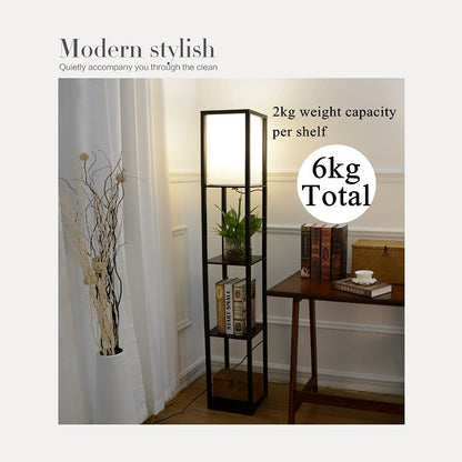 PULUOMIS Floor Lamp with Shelves, 3 Layers Wooden Shelf Standing Light, Modern Reading Lamp for Bedroom, Living Room, Office, Home Decoration (Size:26x 26x 160 cm) (Without Bulb)-Black