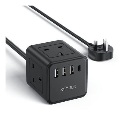 3M Extension Lead with USB, Kemelo 4 Way (13A/3250W) Plug Extension Socket with 3 USB A & 1 USB C, Child Safety Extension Cord,Black Power Strip for Home Desk Office