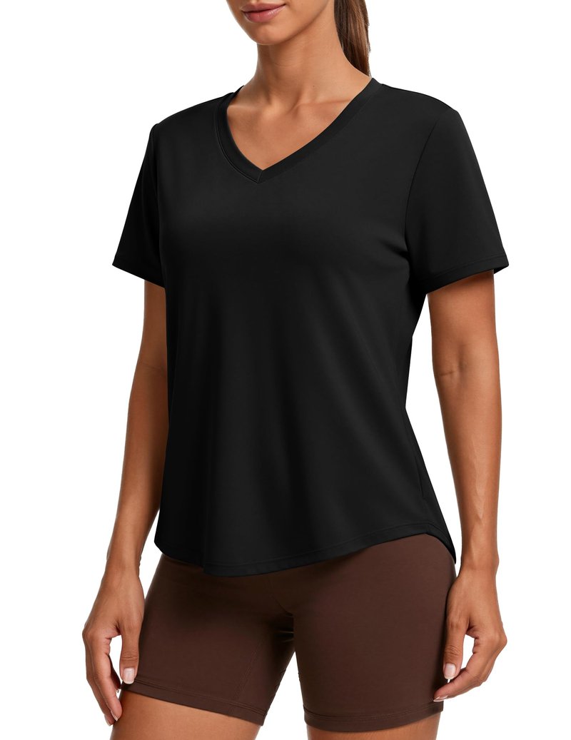 PINSPARK Workout Tops for Women Short Sleeve V Neck Moisture Wicking Gym Shirts Quick Dry Athletic T-Shirts for Running Hiking,Black XX-Large
