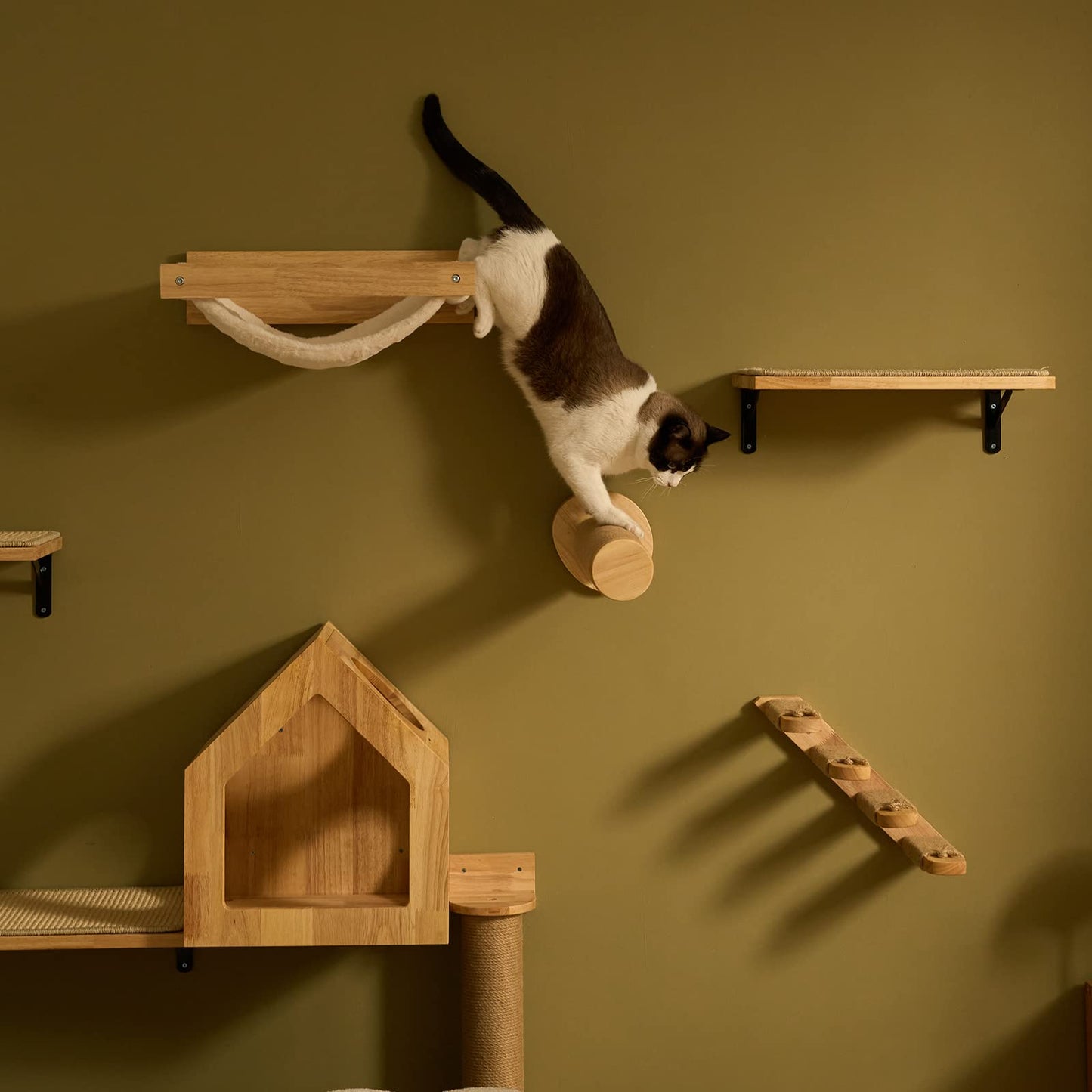 FUKUMARU Cat Wall Furniture, Cat Climbing Step 30cm Wall Mounted with Jute Scratches,Natural Rubber Wood Material, for Most Medium and Large Cats, Pack of 2