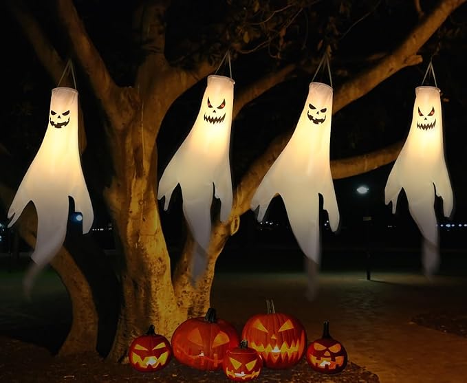 Halloween-Decorations-Outdoor Hanging-Ghost Windsocks for Trees with Timer, LED Ghosts to Hang in Tree Porch Yard, Waterproof, Timer, 4 Pcs (No Batteries)