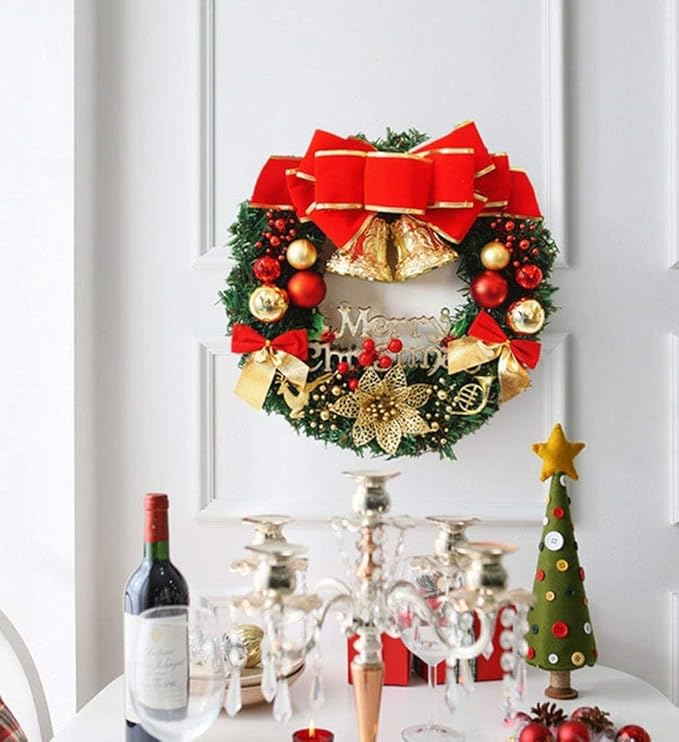H&W Medium Christmas Wreath (15.8 Inch / 40 cm) for Front Door Wall Windows Artificial Poinsettia Xmas Decoration with Tinkle Bell Bowknot and Small Ornaments (MC7-D1)